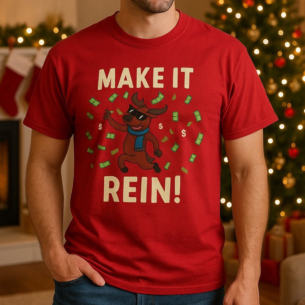 Delta Pro Weight “Make It Rein!” Funny Reindeer Christmas Tee‎ (Unisex XL)